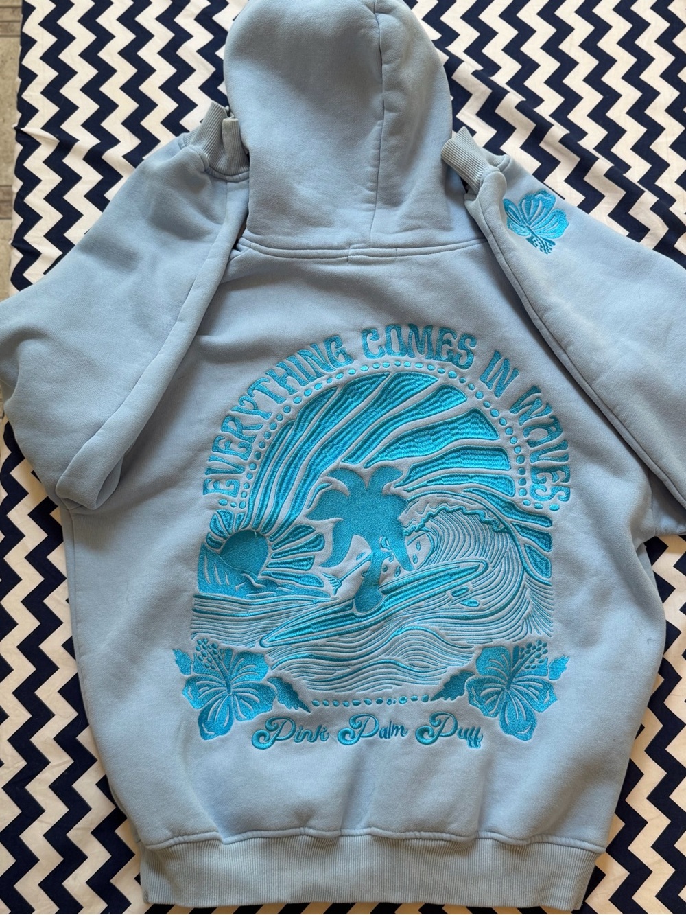 Kids Light Blue Embroidered Wave Hoodie - Pink Palm Bay
